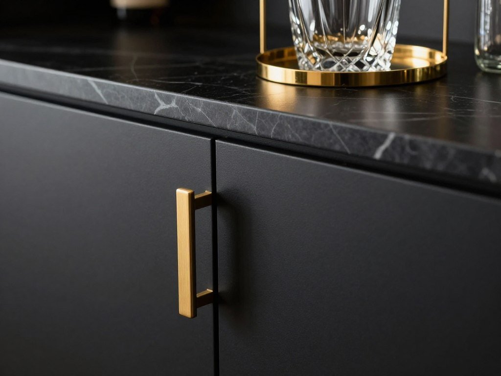 Black bar cabinet with gold hardware details for built-in bar ideas