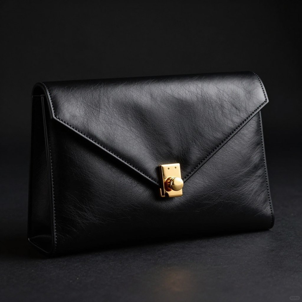 Black leather clutch bag with gold hardware
