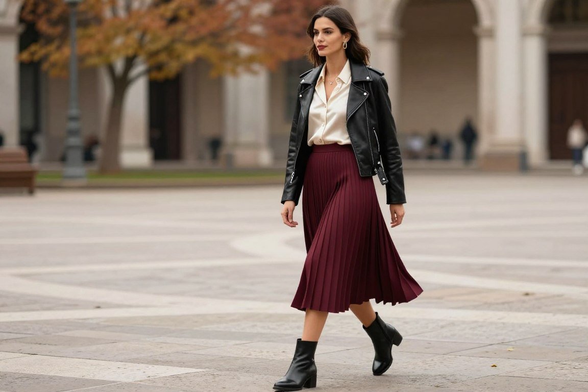 Black leather jacket paired with flowing midi skirt for Italian fall outfit