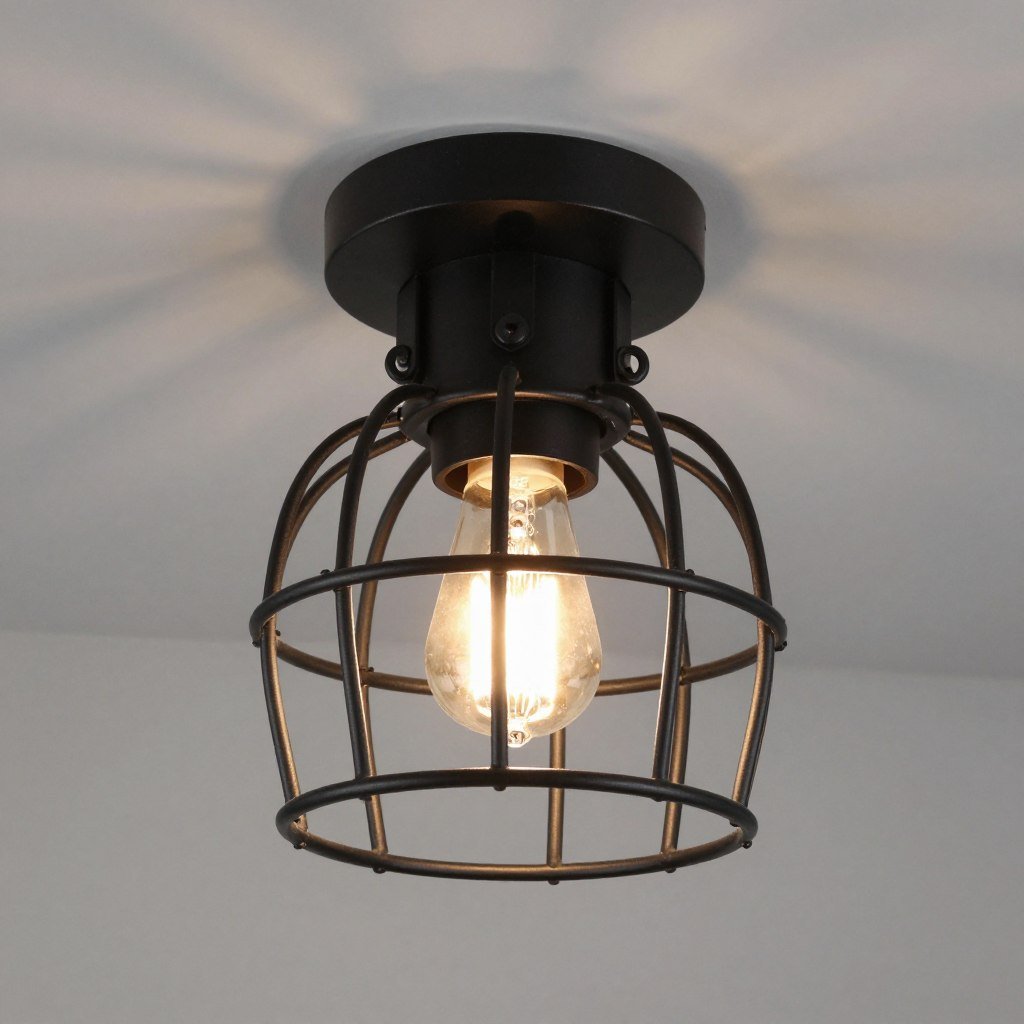 Black metal cage semi-flush industrial ceiling light