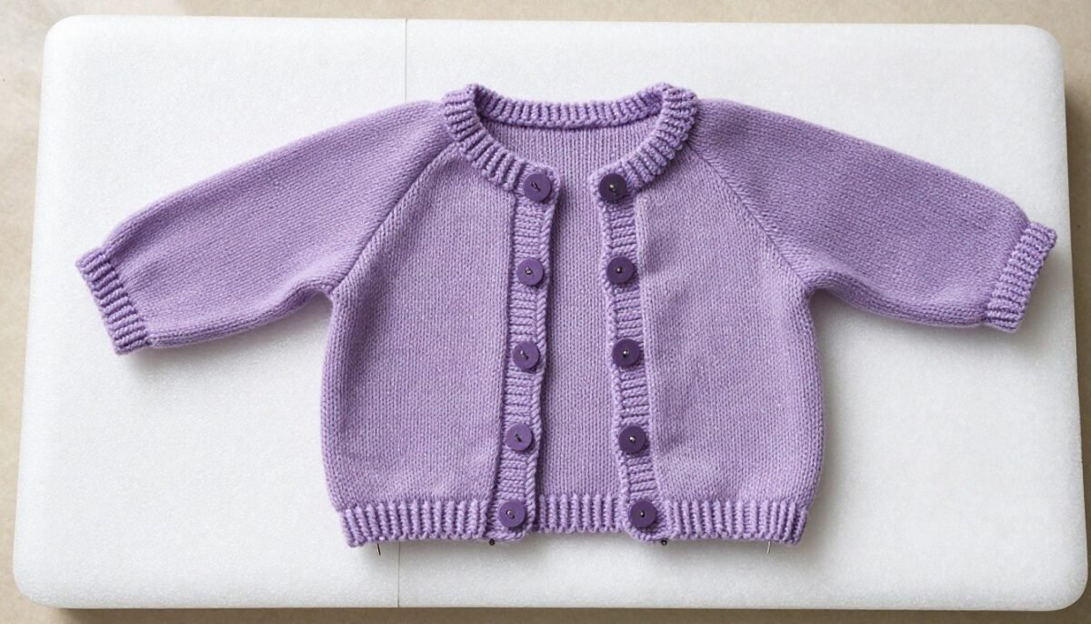 Blocking baby cardigan pieces before seaming assembly