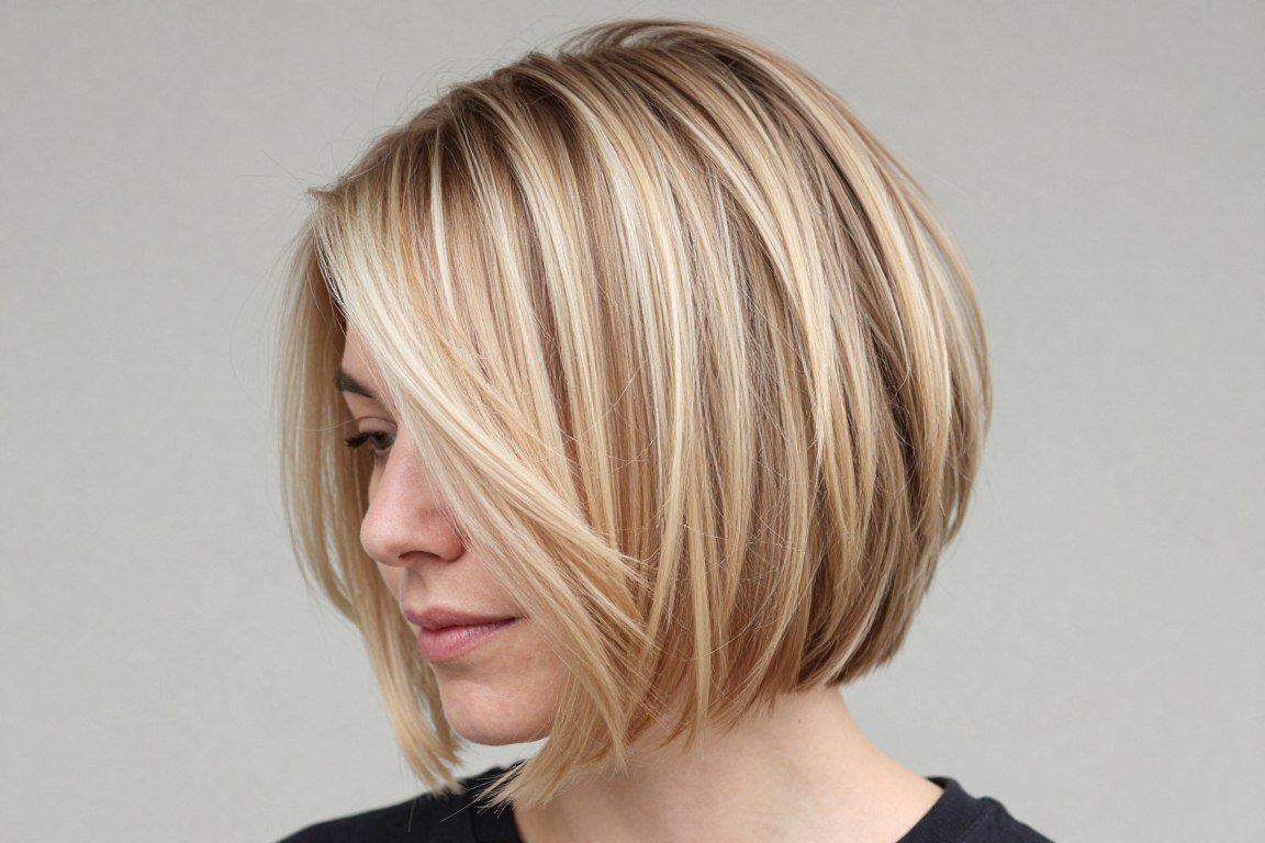 Blonde choppy bob with dimensional highlights creating depth and volume for fine hair