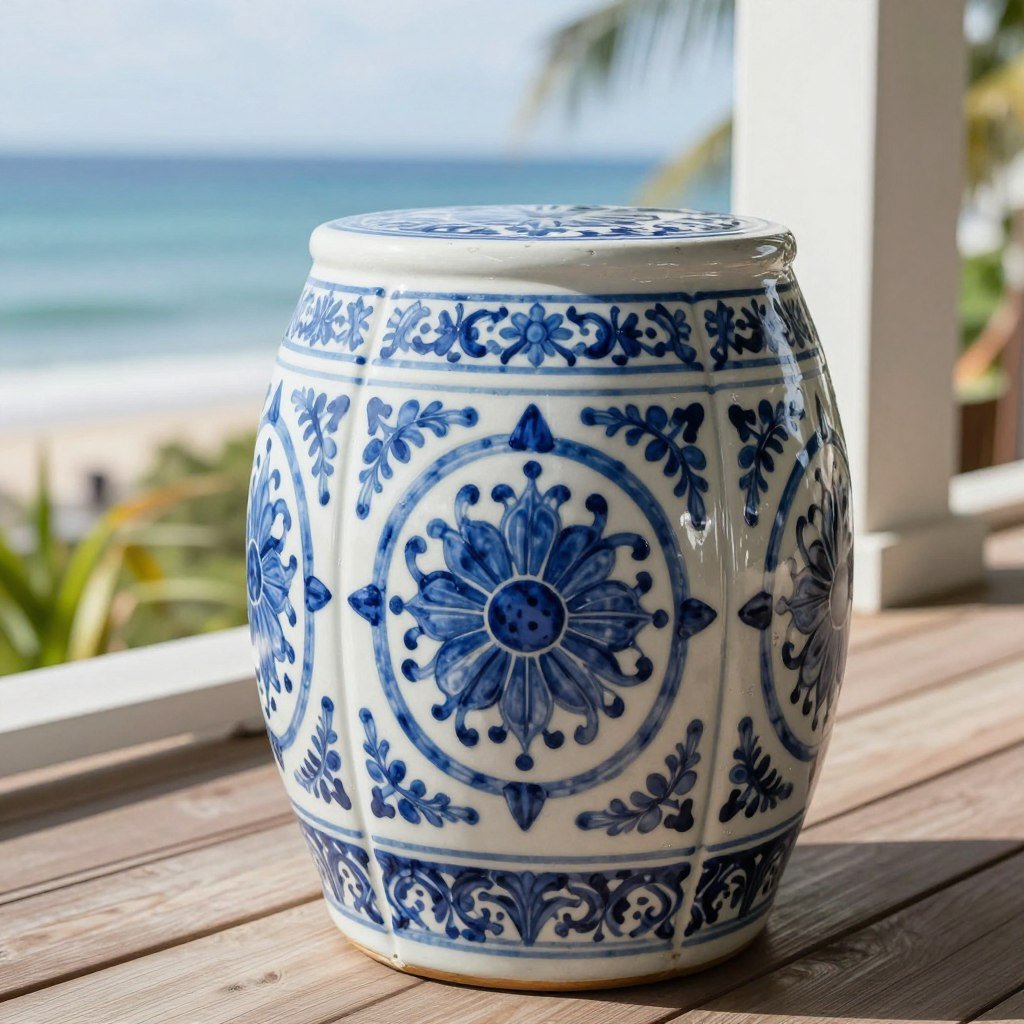 Blue and white ceramic garden stool on lanai