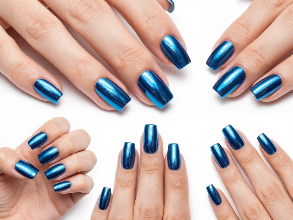 Blue chrome July nails with metallic finish perfect for Fourth of July celebrations