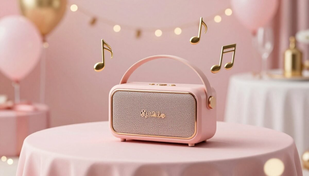 Bluetooth speaker surrounded by musical notes and romantic decorations at party