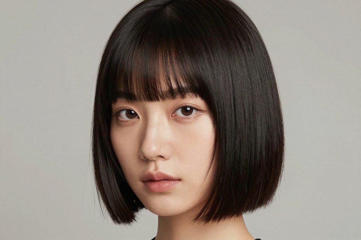 Blunt bob with full bangs for thin hair showing density