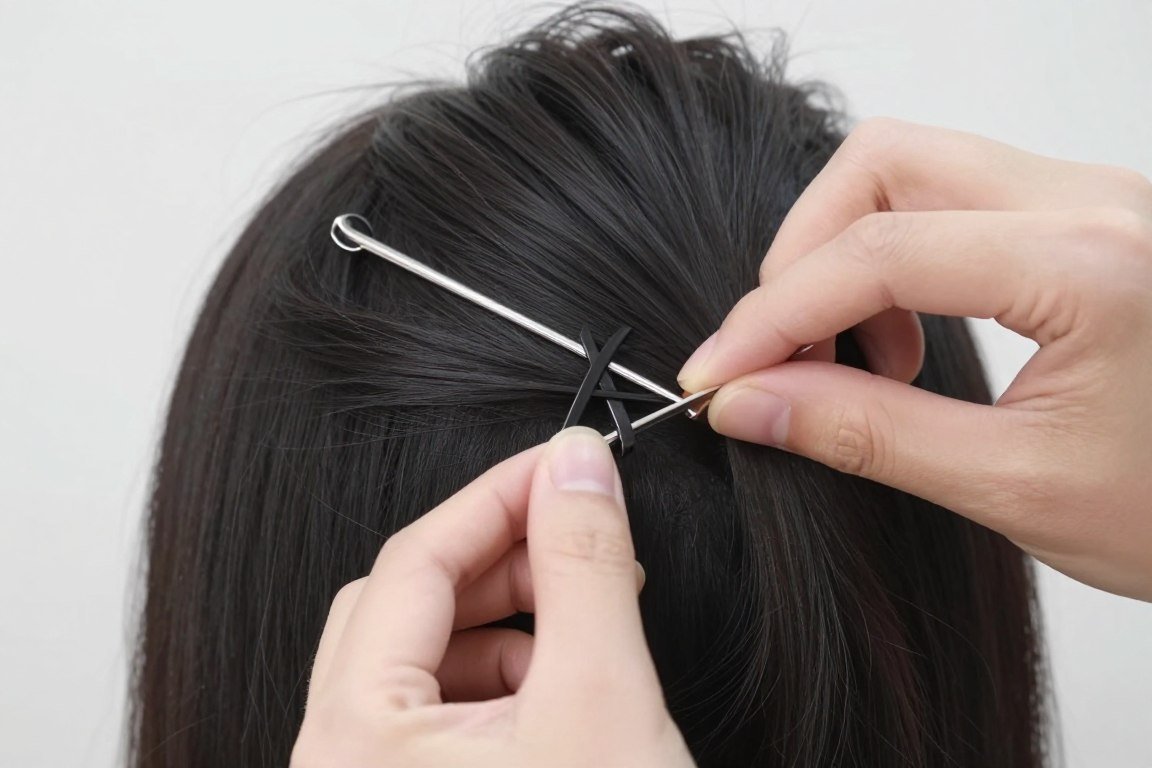 Bobby pin insertion technique demonstration for secure updos