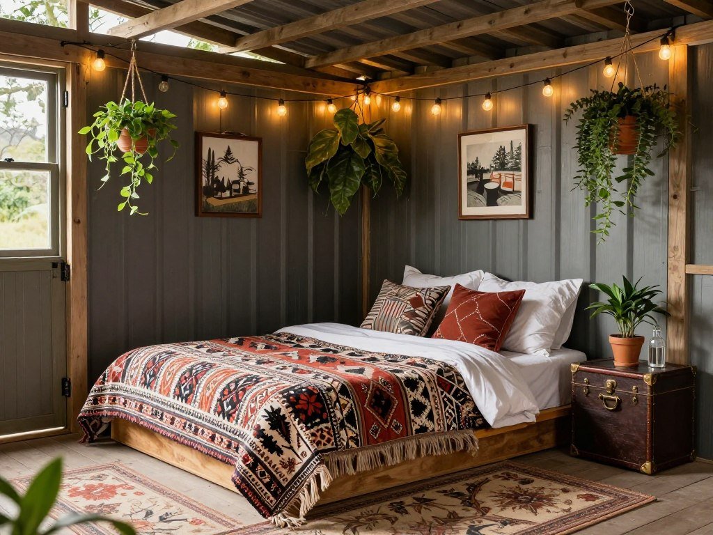 Bohemian bedroom in 16x40 shed house