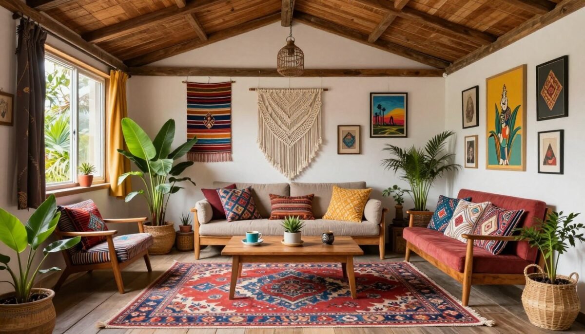 Bohemian interior design in 16x40 shed house
