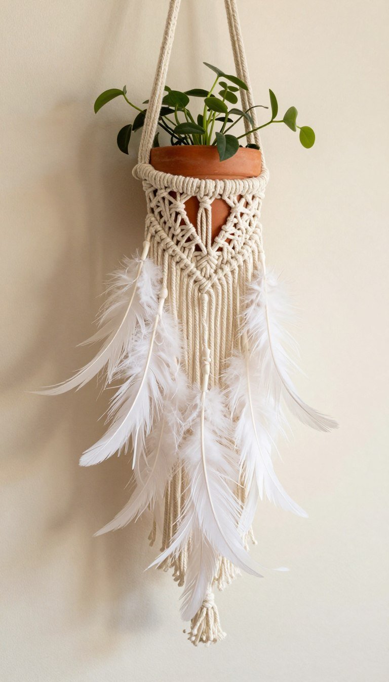 Bohemian macrame plant hanger with feathered fringe details