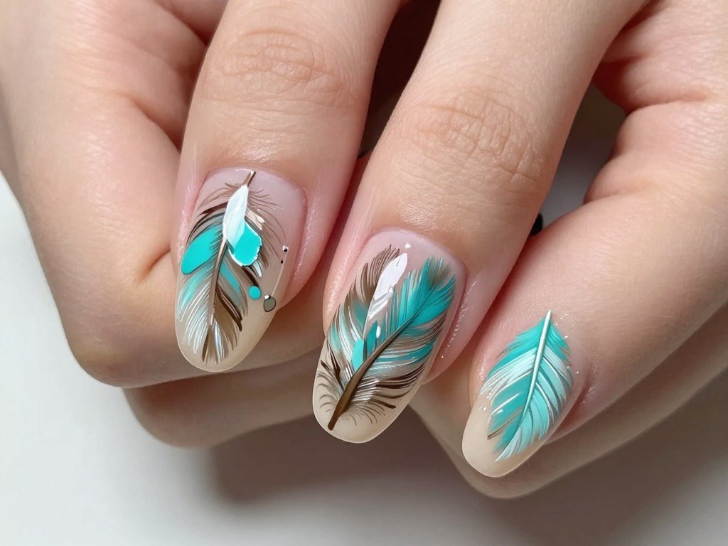 Boho feather June nails with detailed feather art on nude base