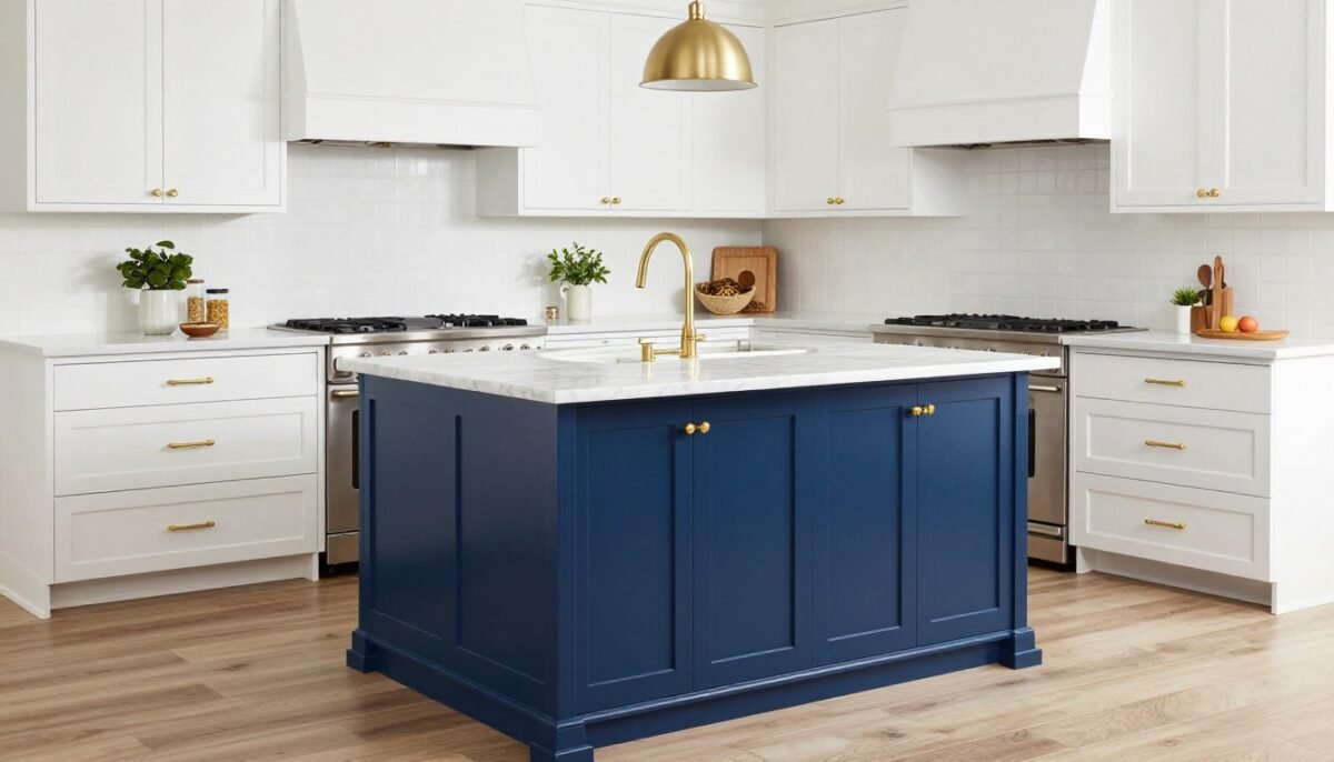 Bold colored small kitchen island in white kitchen
