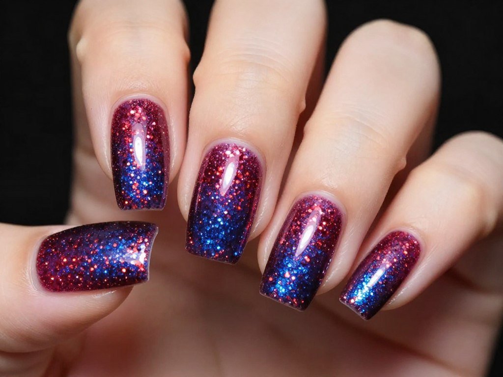 Bold full glitter gradient July nails transitioning from base to sparkling tips