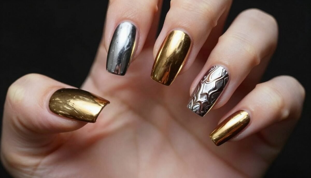 Bold mixed metal accent July nails combining gold silver and chrome finishes Bold mixed metal accent July nails combining gold silver and chrome finishes