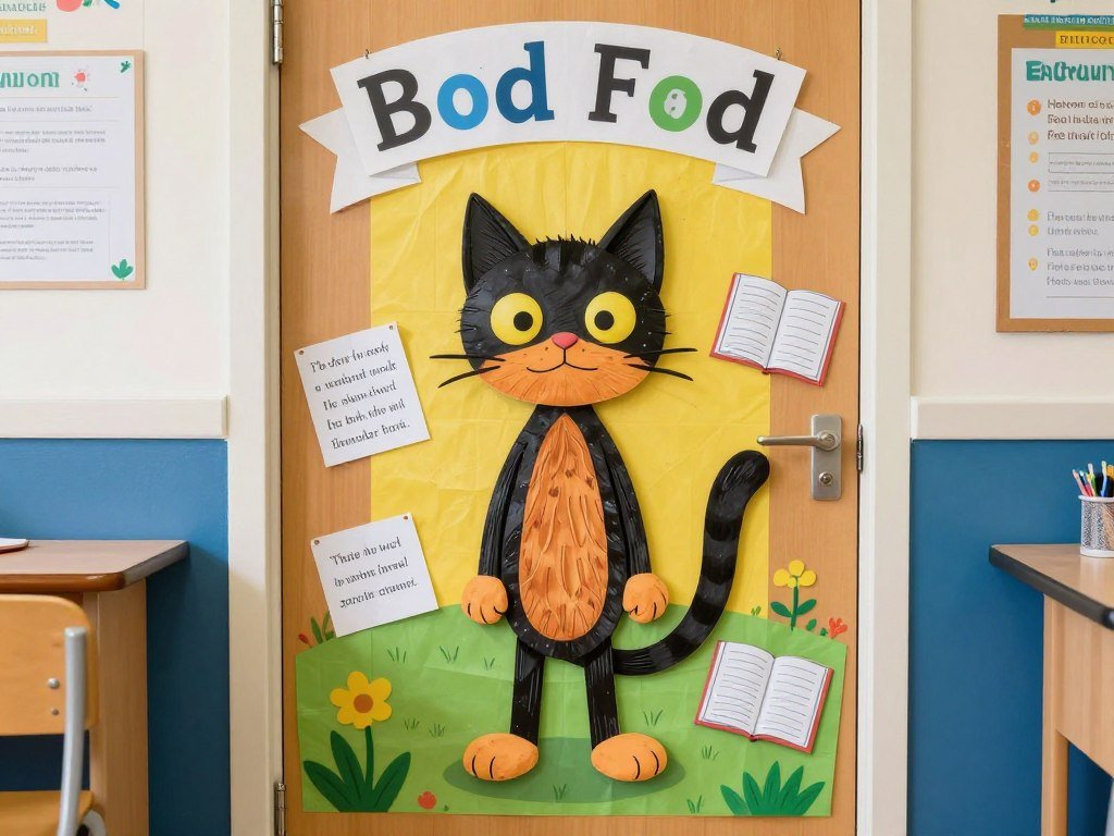 Book character themed classroom door featuring beloved children's literature