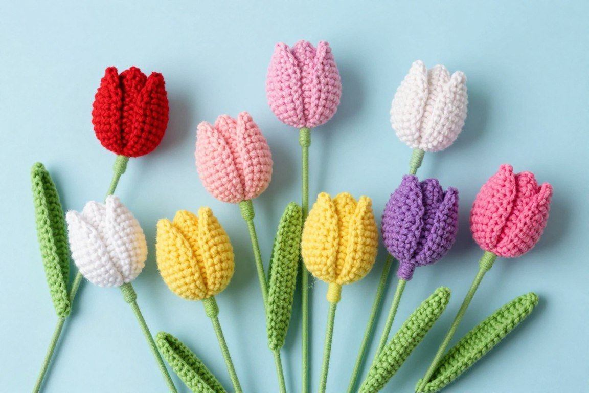 Bouquet of multiple crochet tulips in various spring colors