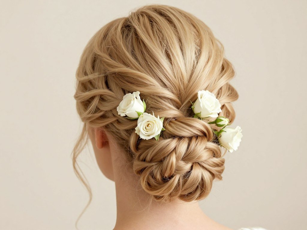 Braided bun updo for flower girls decorated with small white flowers