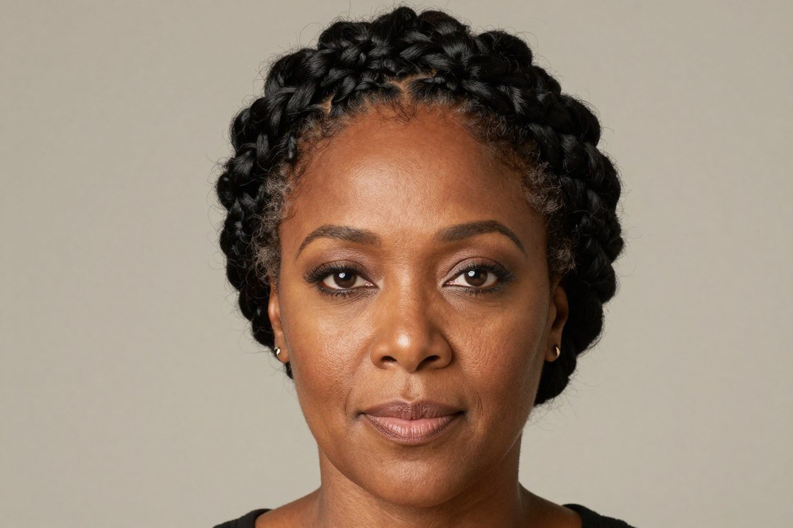 Braided crown updo hairstyle for older Black women with natural hair