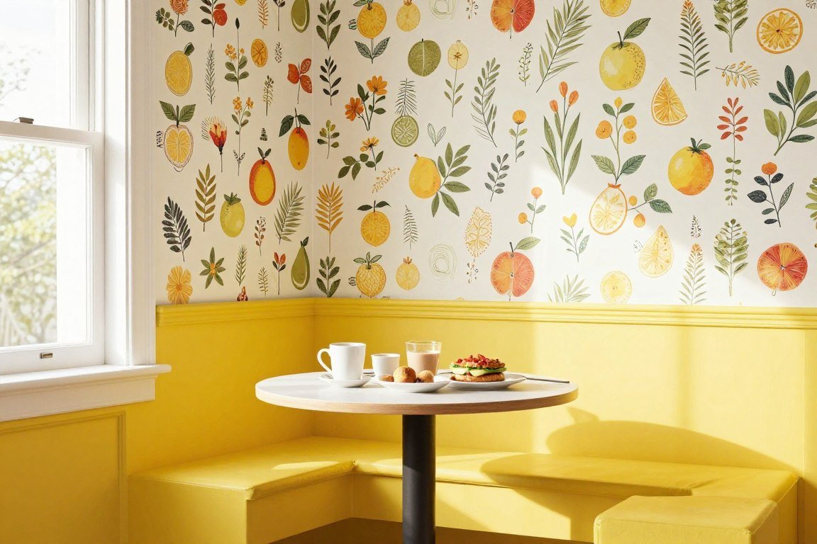 Breakfast nook with cheerful wallpaper and yellow paint