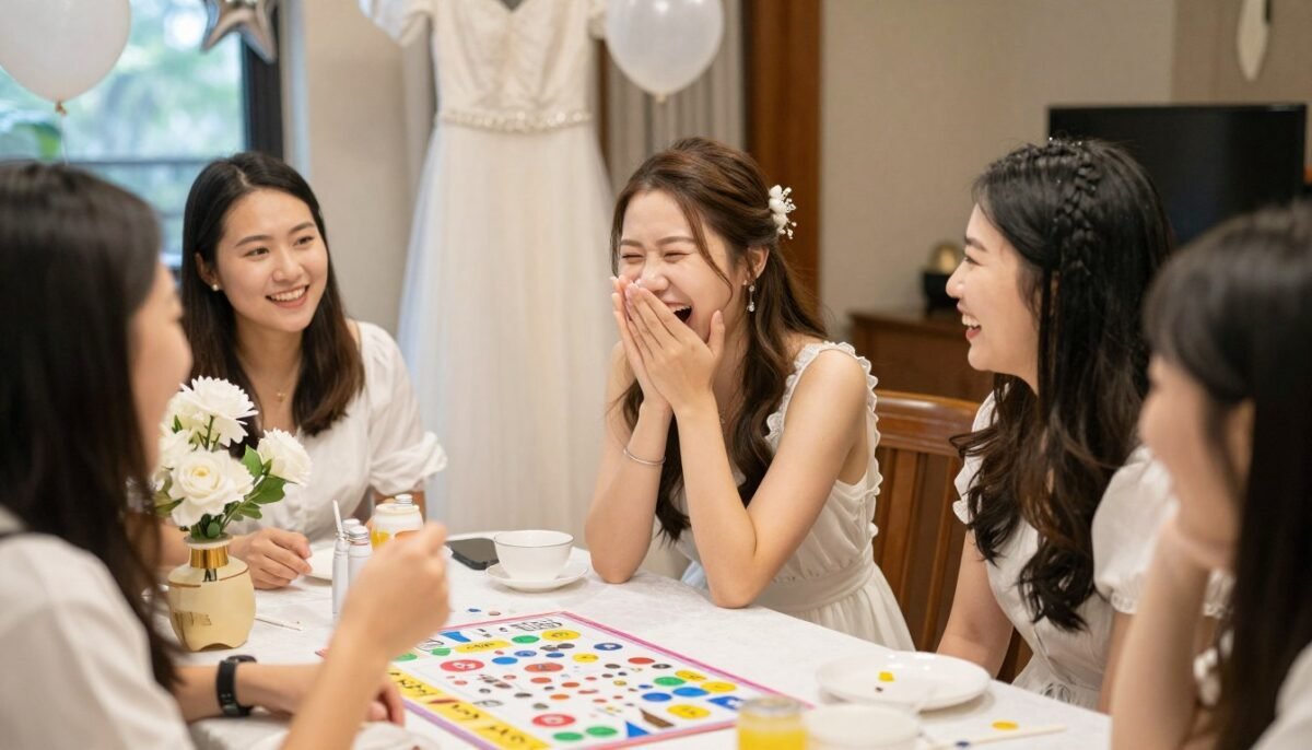 Bride laughing with friends at bridal shower celebration