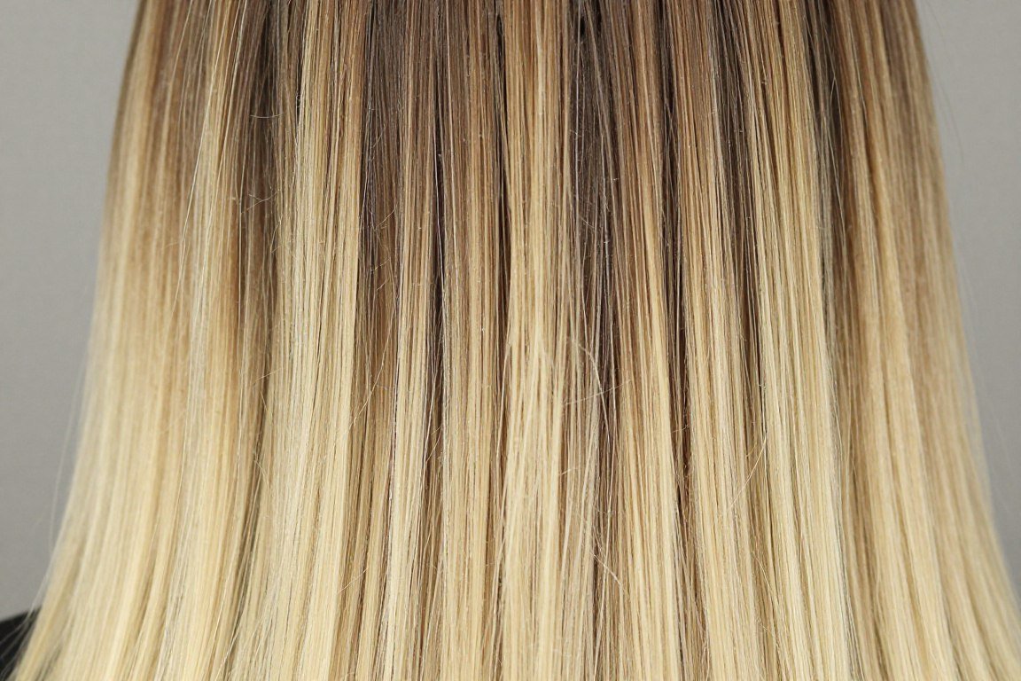 Bright blonde hair tips showing high contrast with dark brown roots