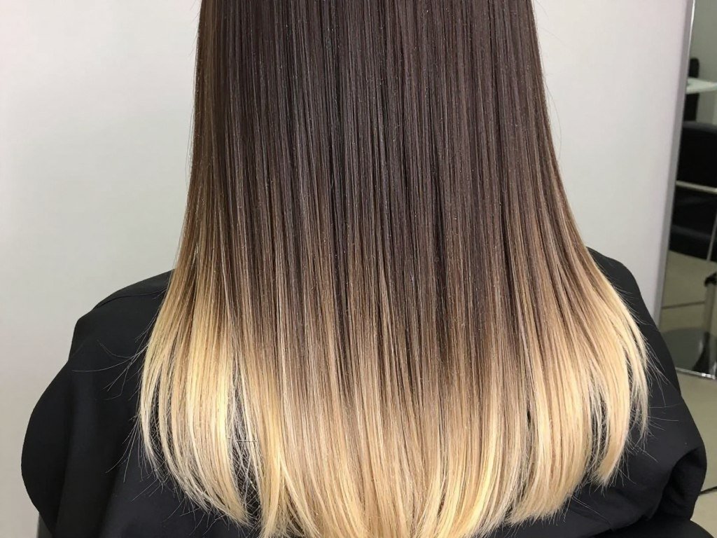 Bright blonde tips on long dark brown hair creating ombre effect