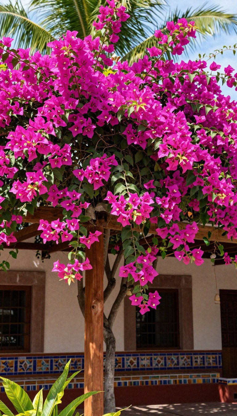 Bright pink bougainvillea climbing on Mexican patio pergola