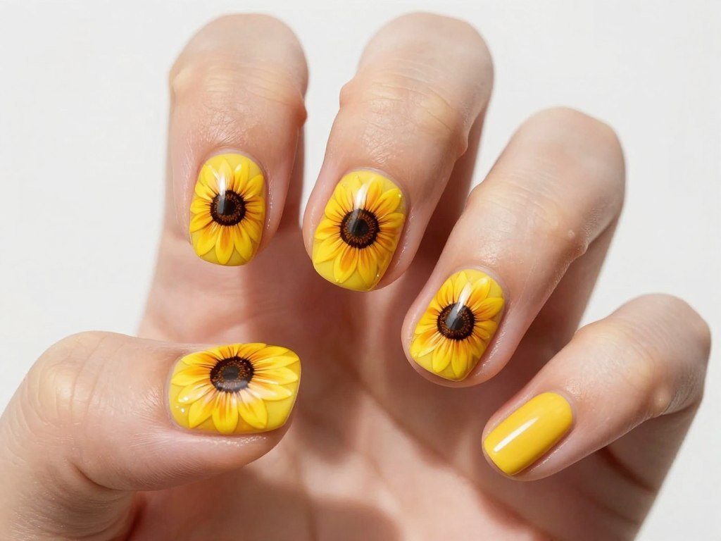 Bright sunflower nail art on yellow background