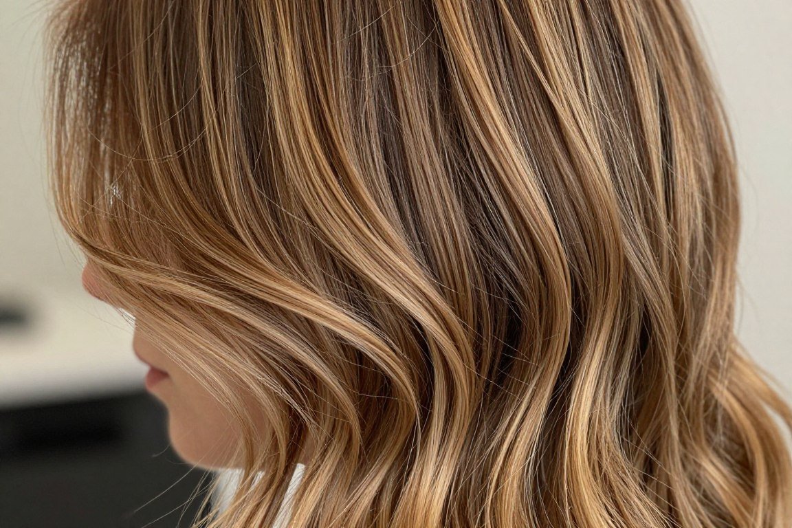 Bronde balayage showing neutral tones between brown and blonde