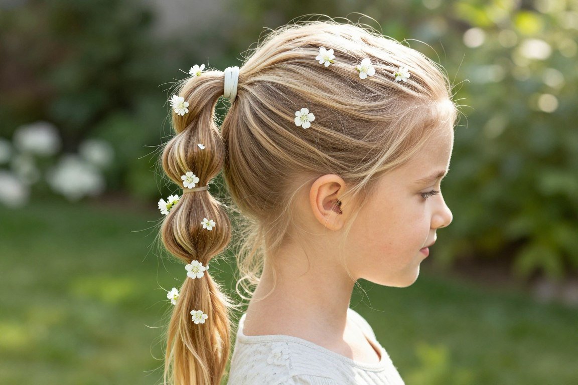 Bubble ponytail hairstyle for kids with small flower decorations