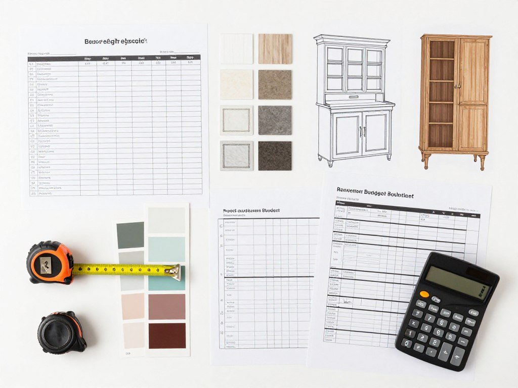 Budget planning documents and bar design sketches for built-in bar ideas