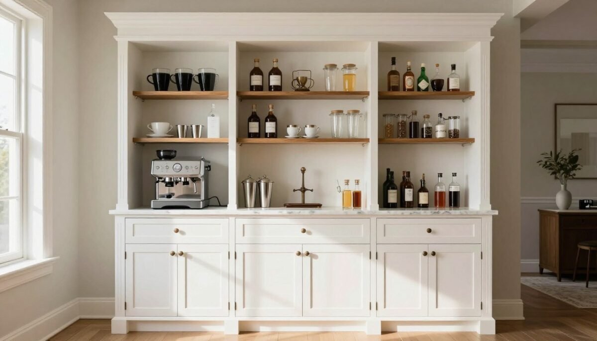 Built-in coffee and cocktail bar with dual functionality
