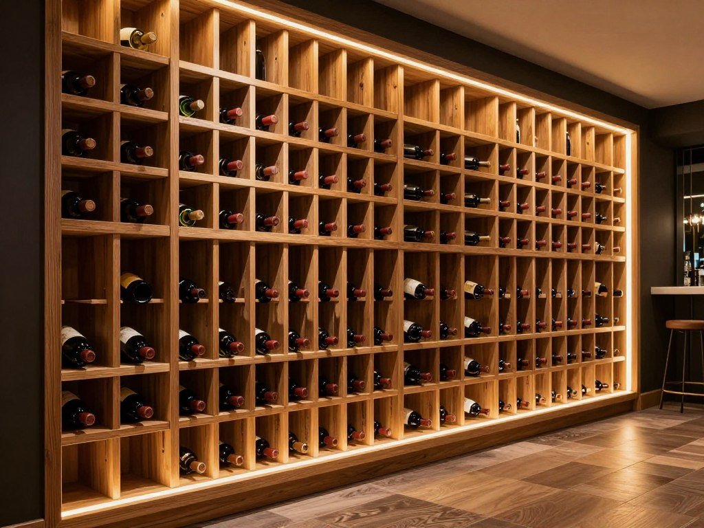 Built-in wine rack wall in basement bar