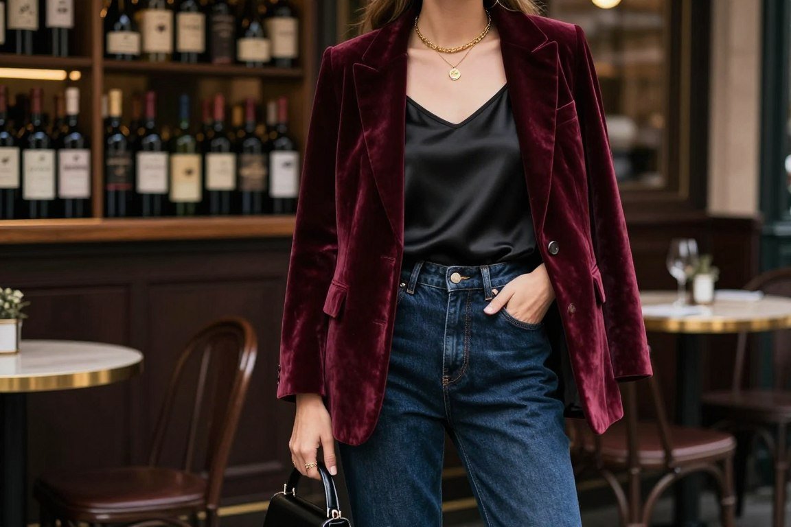 Burgundy velvet blazer with dark jeans Italian evening casual
