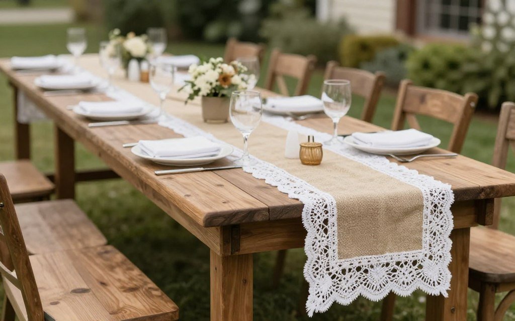 Burlap and lace table runners on wedding reception tables