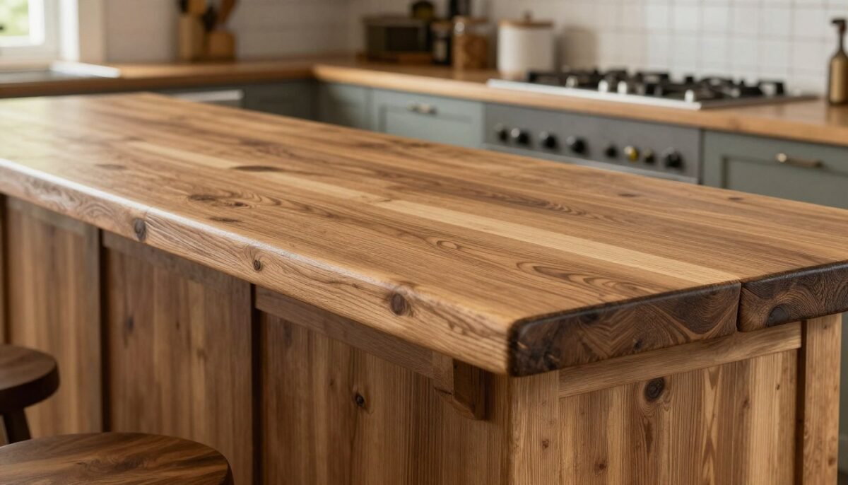 Butcher block bar countertop in farmhouse kitchen
