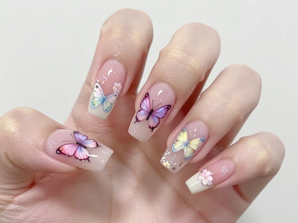 Butterfly garden June nails with colorful butterflies on pastel base