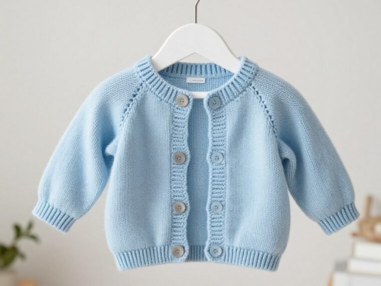 Button stitch baby cardigan free pattern finished cardigan on display