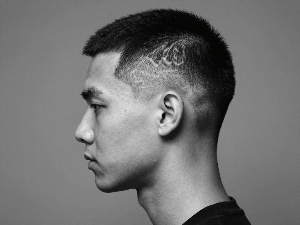 Buzz cut with shaved design pattern, bold witchy short haircut