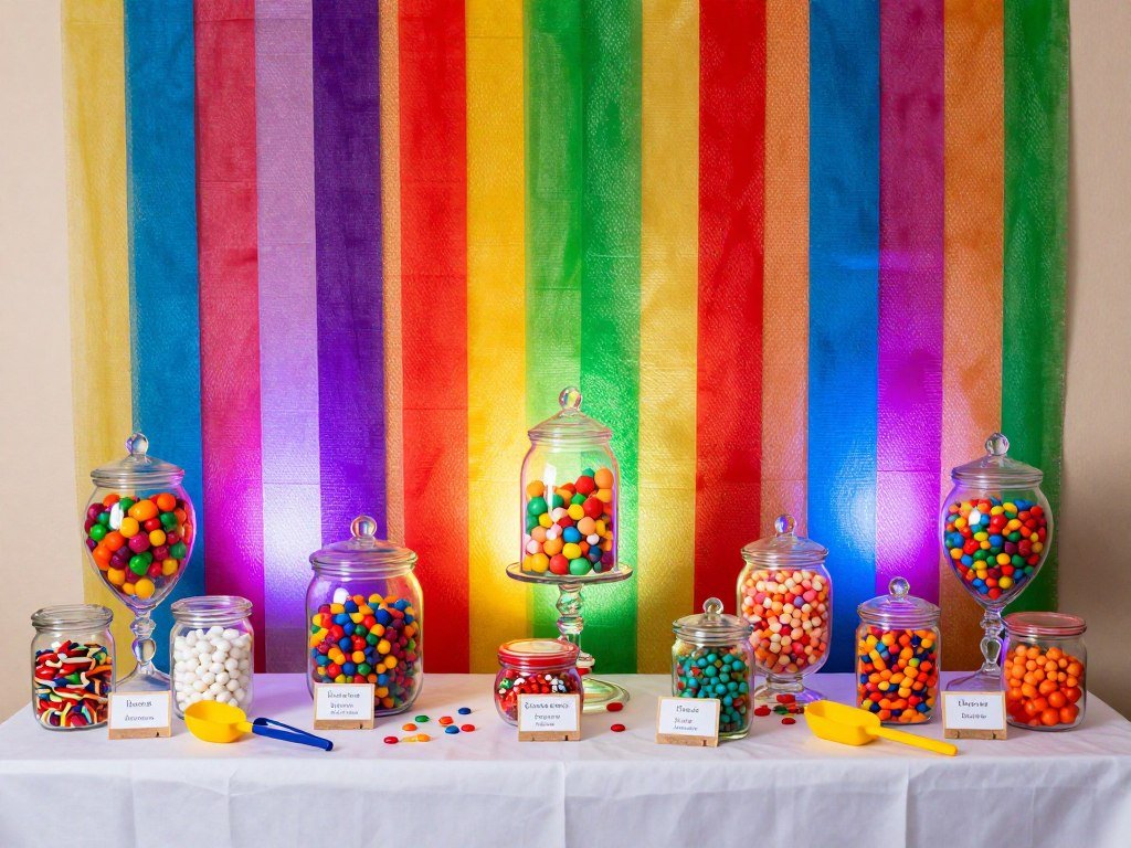 Candy buffet with colorful mesh backdrop