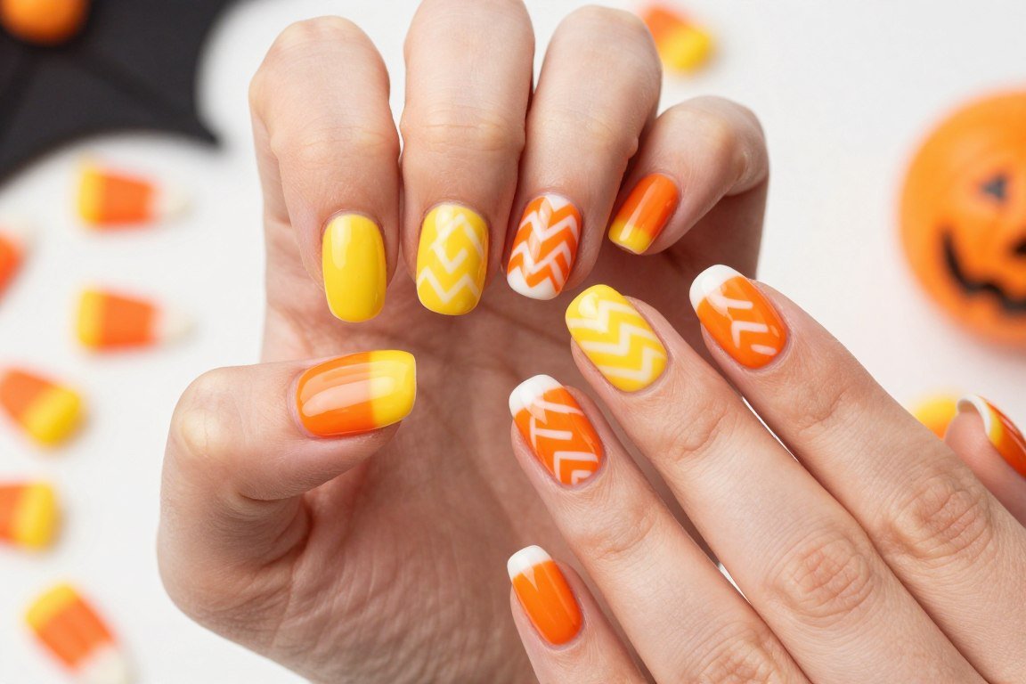 Candy corn inspired October nails with yellow, orange, and white chevron patterns