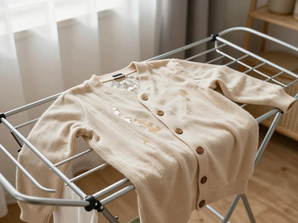 Cardigan drying flat on sweater rack maintaining proper shape