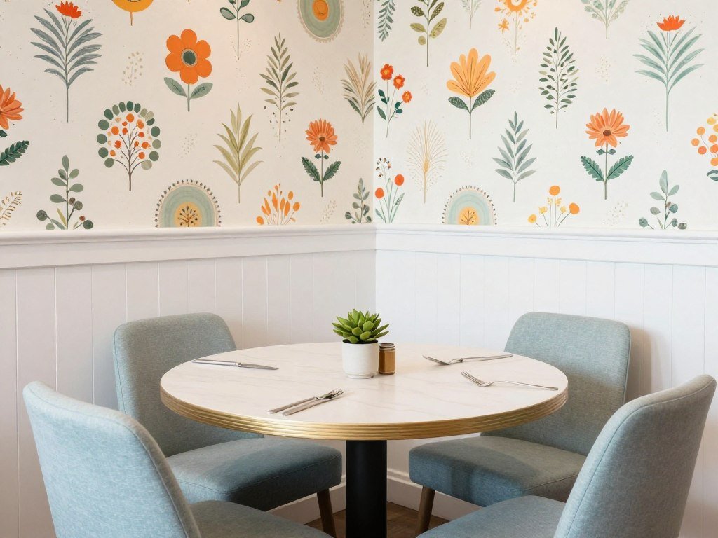 Casual dining nook with cheerful pattern wallpaper and white paint