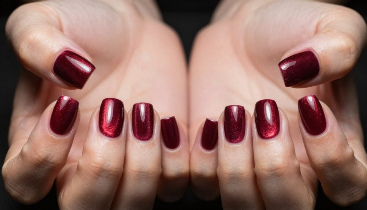 Cat eye chrome October nails with magnetic burgundy polish creating light reflection stripe Cat eye chrome October nails with magnetic burgundy polish creating light reflection stripe