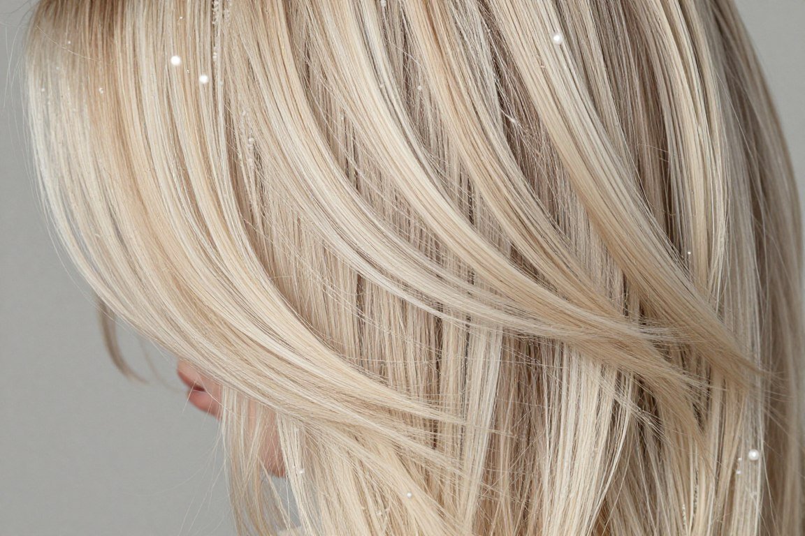 Champagne blonde highlights showing pearl beige tones