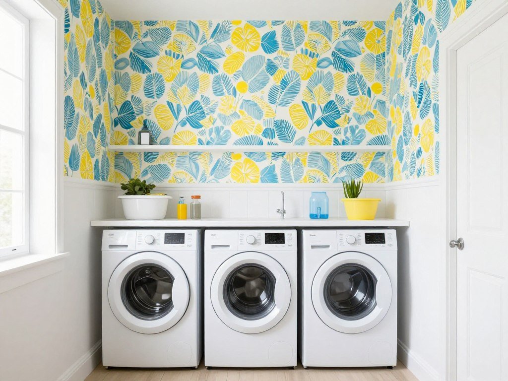 Cheerful laundry room with patterned wallpaper and white paint