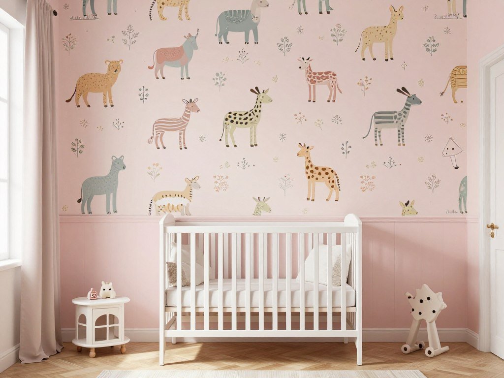 Cheerful nursery with playful animal wallpaper on top half and soft pink paint below