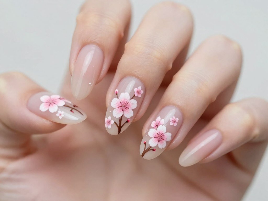 Cherry blossom nail art with pink flowers on nude base
