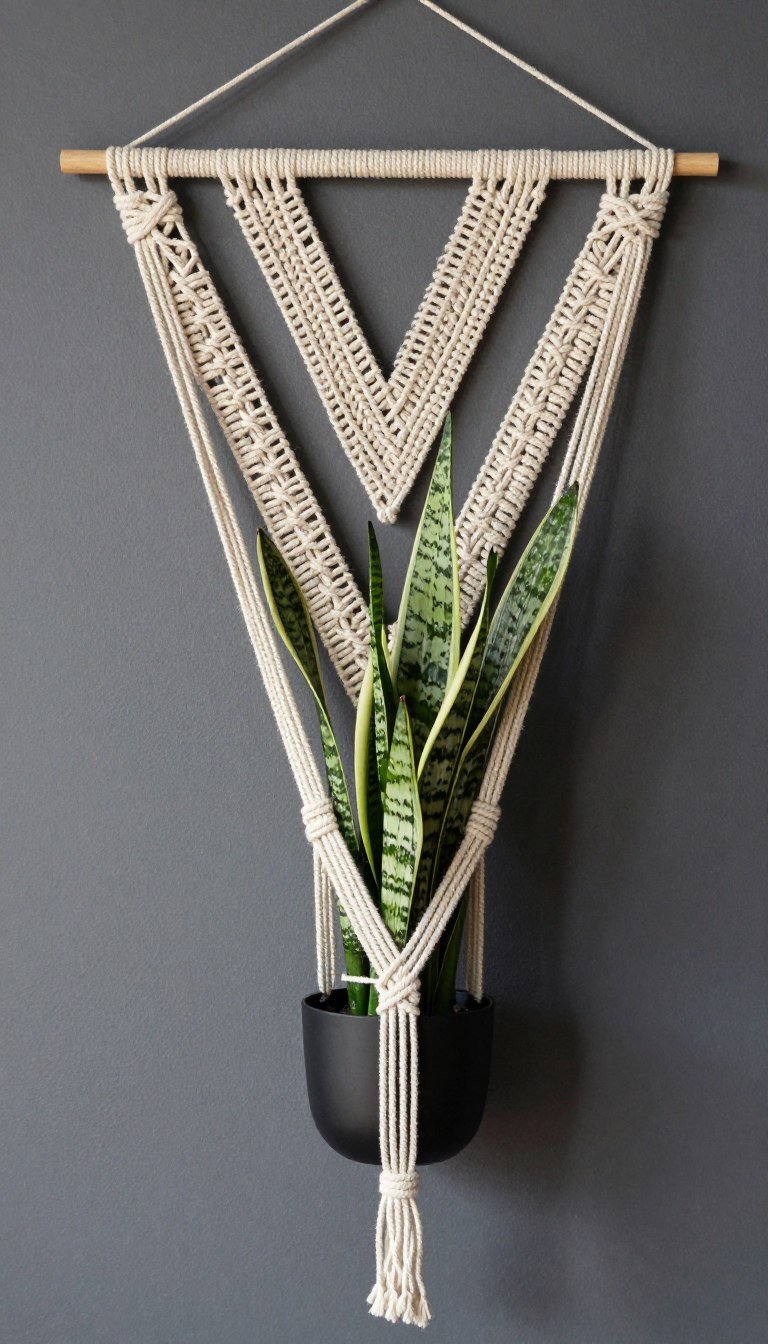 Chevron pattern macrame plant hanger with bold V-shaped design