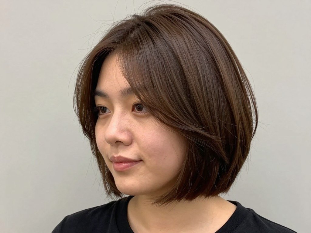 Choppy bob haircut on round face with elongating layers and side part creating vertical emphasis